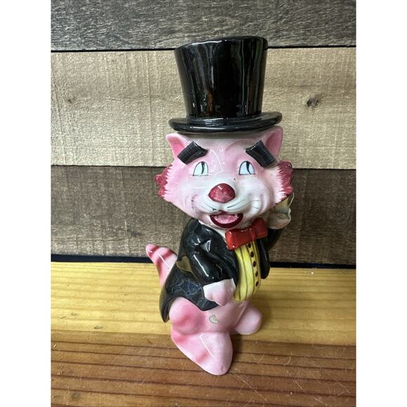 Rare Pink Cat In Top Hat Vase 7” - Picture 1 of 8